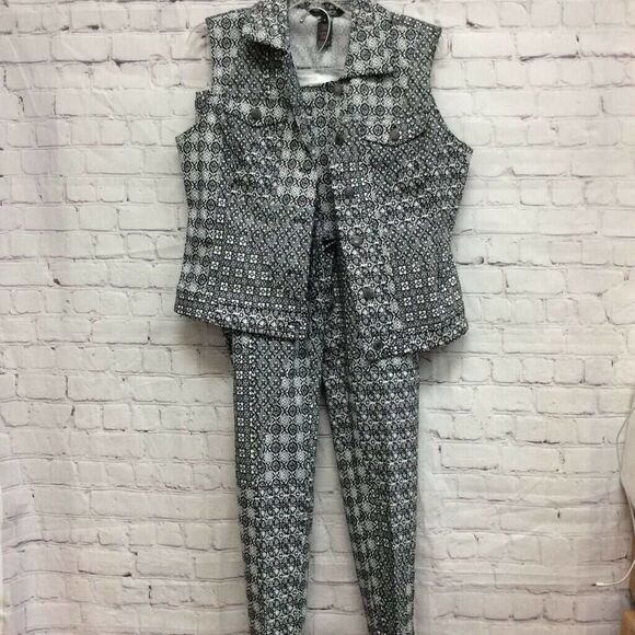 Slim-Sation By Multiples Womens Vest And Pants Set Gray Geometric Stretch S - Picture 1 of 9